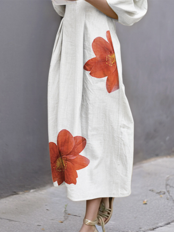 Half Sleeves Loose Flower Print Round-Neck Midi Dresses