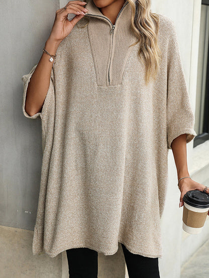 Loose Three-Quarter Sleeves Split-Joint Zipper V-Neck Sweater Tops