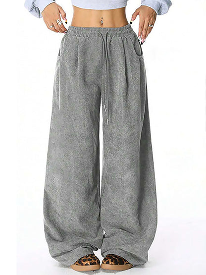 High Waisted Wide Leg Drawstring Elasticity Pockets Solid Color Pants Trousers