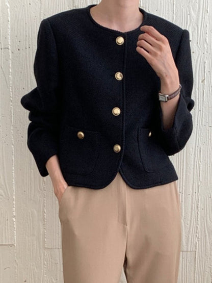 Long Sleeves Loose Buttoned Pockets Round-Neck Outerwear