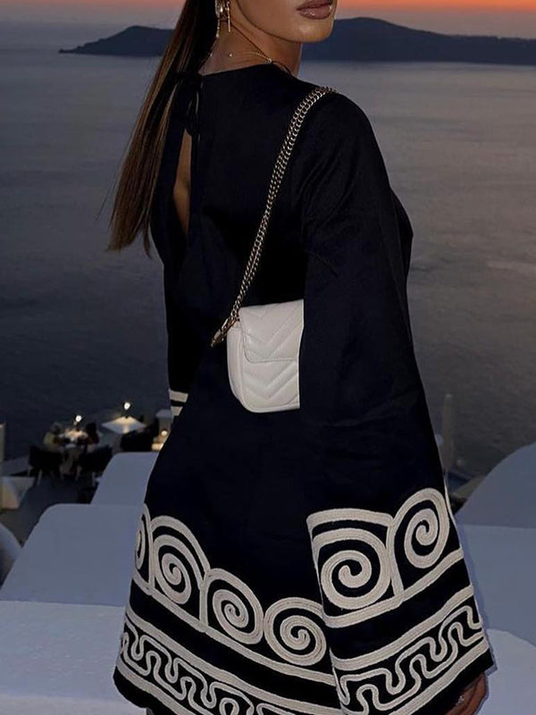 Flared Sleeves Embroidered Round-Neck Mini Dresses