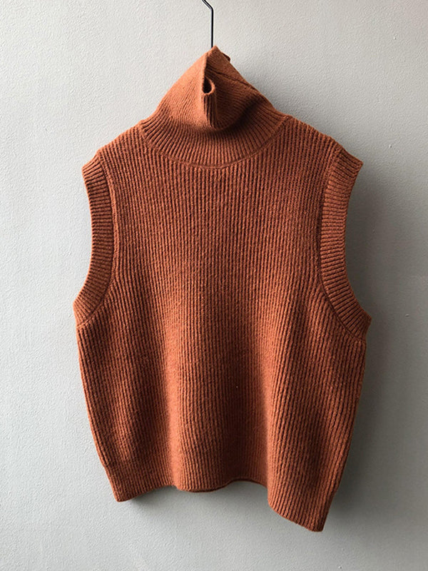 Casual Loose Sleeveless Solid Color High-Neck Sweater Vest Outerwear