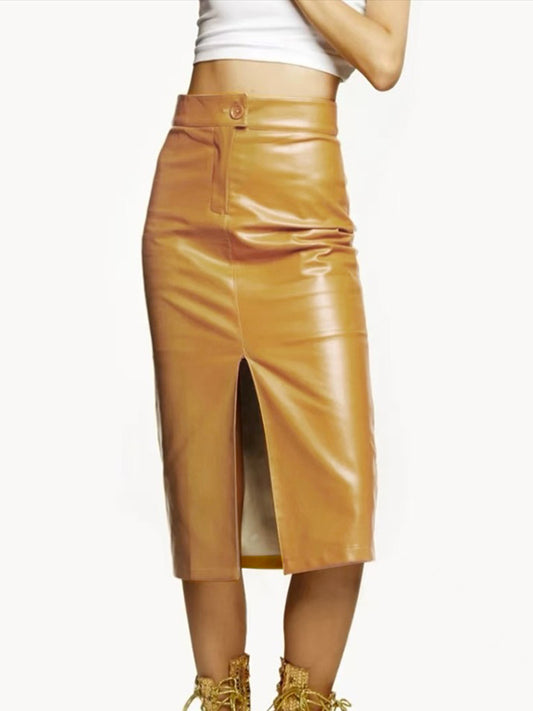 High Waisted No Belt Solid Color Split-Front Split-Joint Velvet Skirts Bottoms