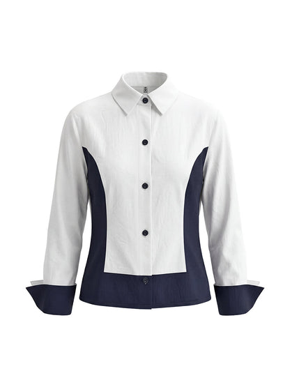 Long Sleeves Buttoned Contrast Color Split-Joint Lapel Blouses&Shirts Tops