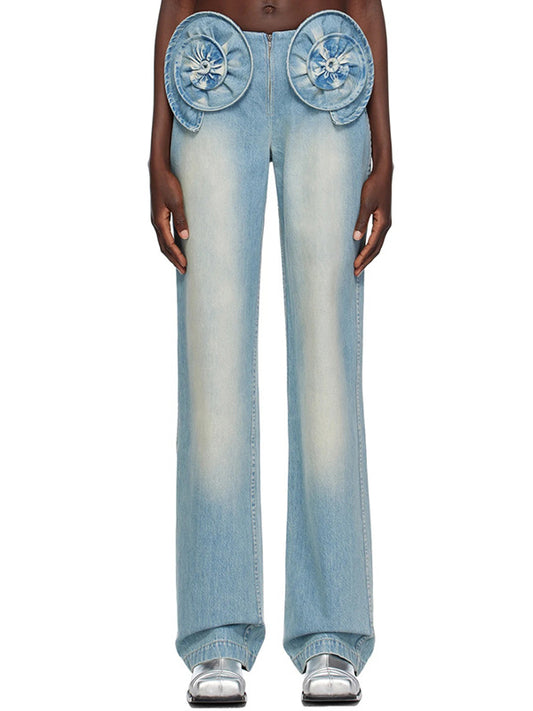 Straight Leg Three-Dimensional Flower Zipper Jean Pants Bottoms