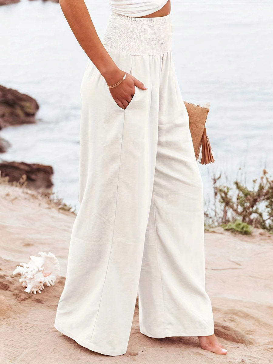 Elasticated Waist High Waisted Pleated Pockets Solid Color Split-Joint Pants