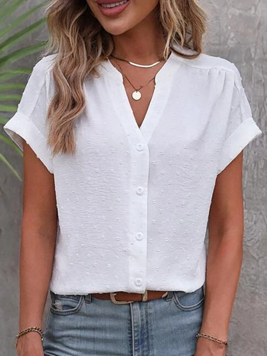 Loose Raglan Sleeve Buttoned Jacquard Solid Color V-Neck Blouses&Shirts Tops