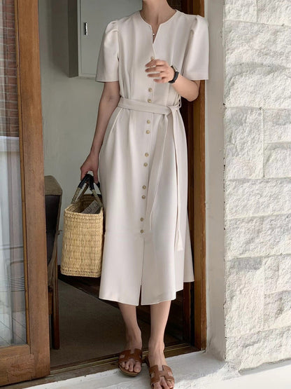 A-Line Loose Buttoned Solid Color Split-Joint Tied Waist V-Neck Midi Dresses
