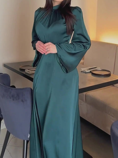 Long Sleeves Loose Pleated Solid Color Tied Waist Mock Neck Maxi Dresses