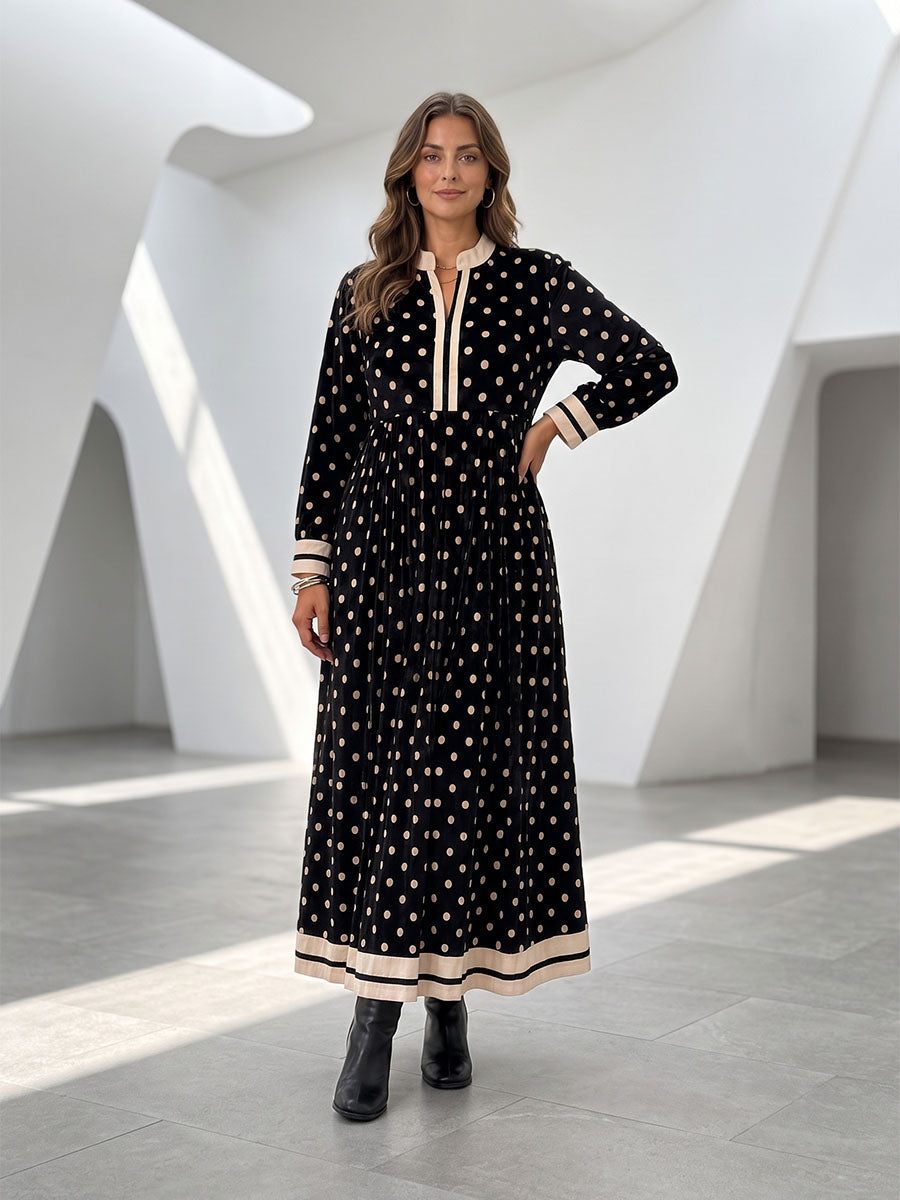 Zipper Split-Joint Polka-Dot Pockets Contrast Color Buttoned Loose Long Sleeves Round-neck Maxi Dresses