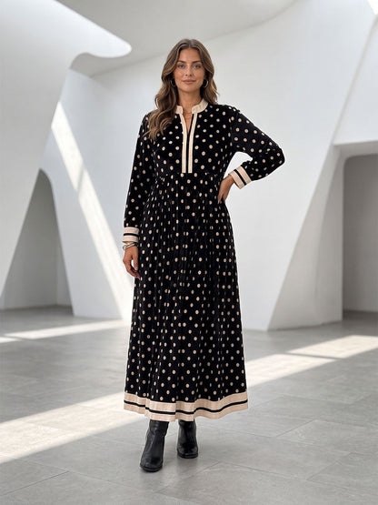 Zipper Split-Joint Polka-Dot Pockets Contrast Color Buttoned Loose Long Sleeves Round-neck Maxi Dresses
