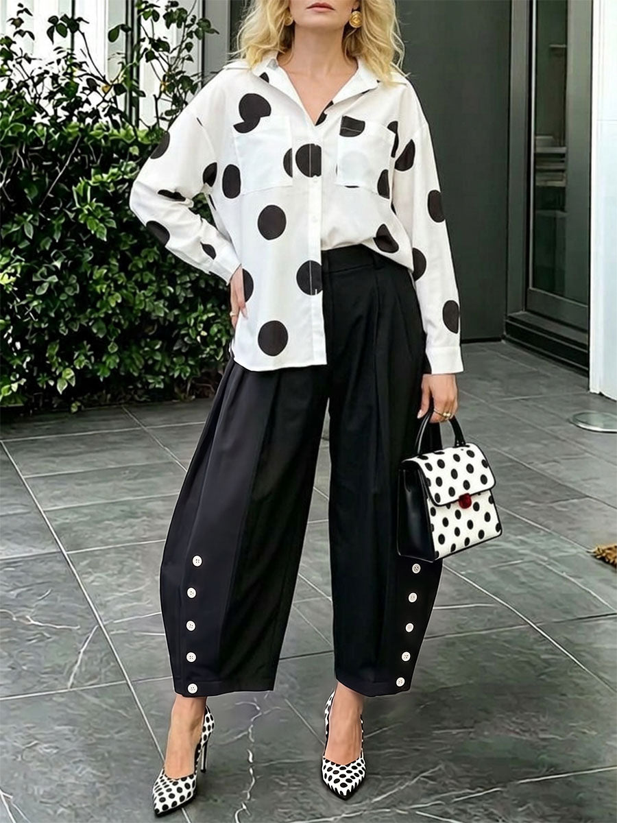 Pockets Pleated Contrast Color Buttoned Wide Leg High Waisted Trousers Pants