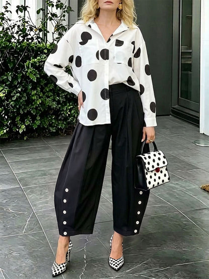 Pockets Pleated Contrast Color Buttoned Wide Leg High Waisted Trousers Pants
