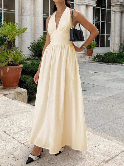 A-Line High Waisted Backless Pleated Solid Color Split-Joint Halter-Neck Midi Dresses