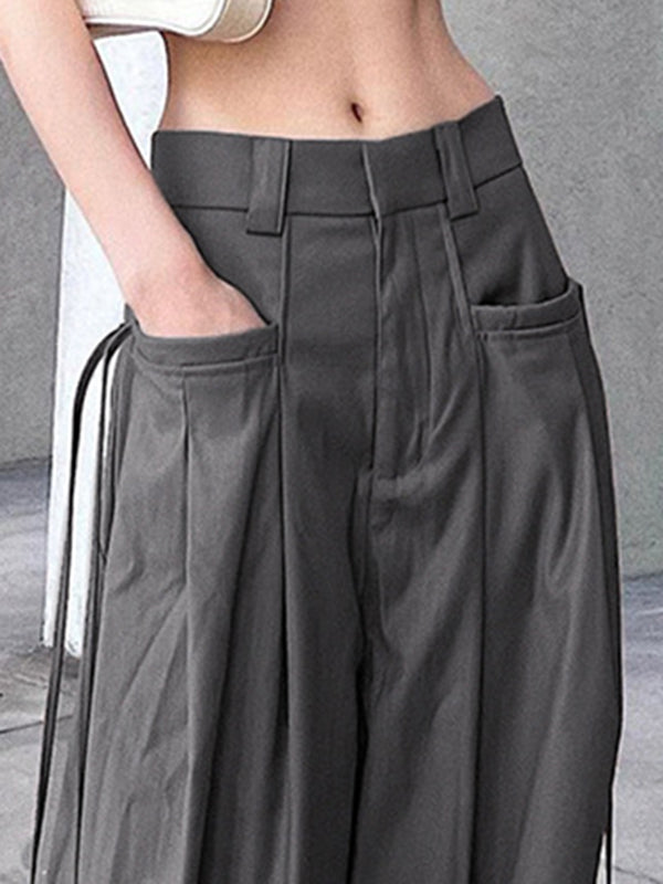 High-Waisted Pockets Split-Joint Streamer Loose Straight Leg Jean Pants Bottoms