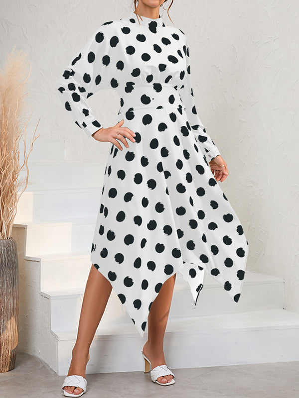 A-Line Long Sleeves Elasticity Hollow Polka-Dot Mock Neck Midi Dresses