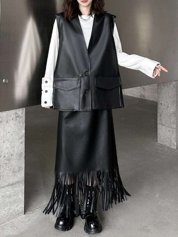 Loose Solid Color V-Neck Sleeveless Buttoned Pockets Vest Top + High Waisted Elasticity Tasseled Skirt Bottom Two Pieces Set