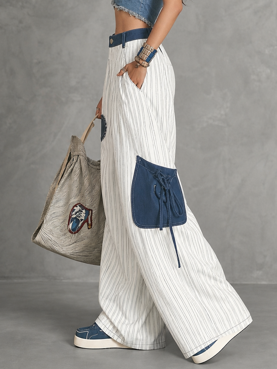 High Waisted Loose Buttoned Contrast Color Pockets Split-Joint Striped Tied Pants Trousers