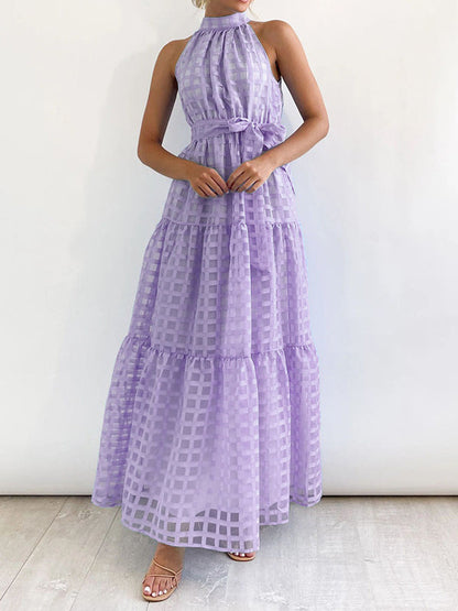 Loose Sleeveless Plaid Ribbed Stand Collar Maxi Dresses