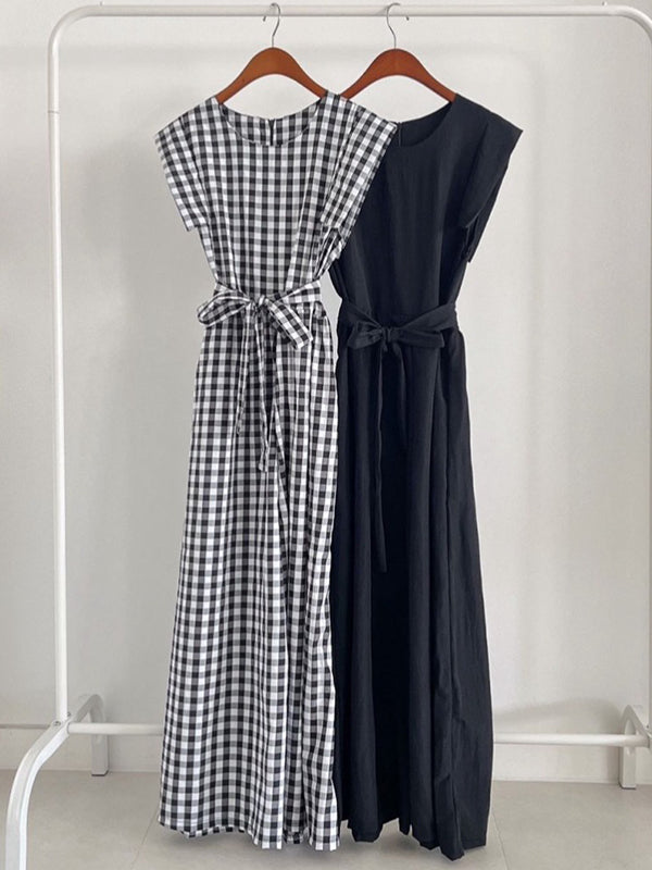 High Waisted Loose Pockets Solid Color Tied Waist Round-Neck Jumpsuits
