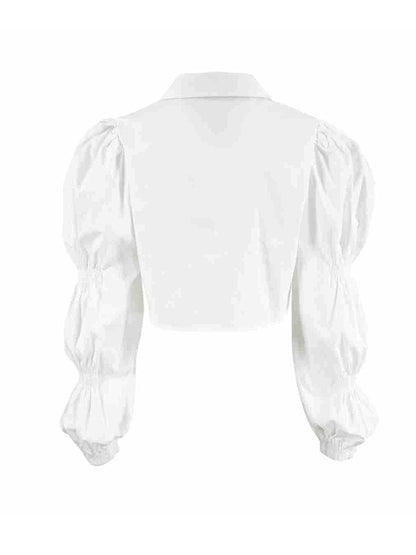 Bishop Sleeve Long Sleeves Buttoned Elasticity Solid Color Lapel Blouses&Shirts Tops