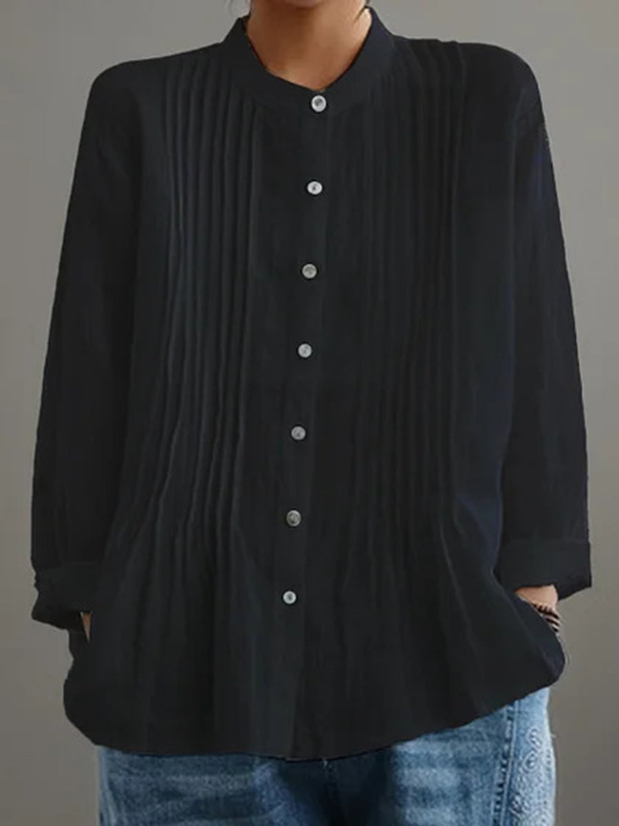 Long Sleeves Loose Buttoned Pleated Solid Color Round-Neck Blouses&Shirts Tops