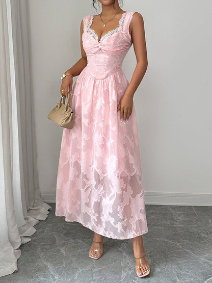 High Waisted Sleeveless Jacquard Pleated See-Through Solid Color Split-Joint V-Neck Midi Dresses