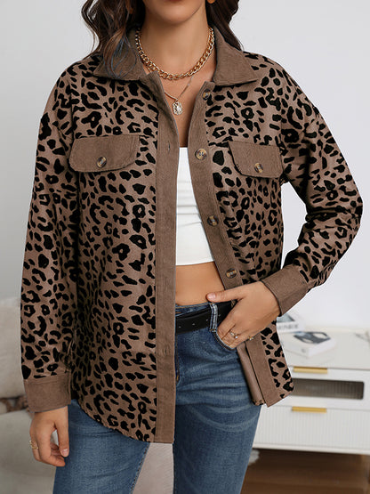 Long Sleeves Loose Buttoned Leopard Pockets Split-Joint Lapel Jackets Outerwear