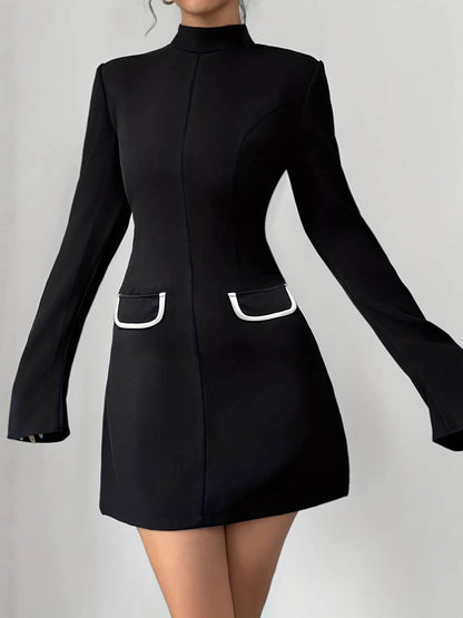 A-Line Flared Sleeves Contrast Color Pockets Split-Joint Zipper Mock Neck Mini Dresses