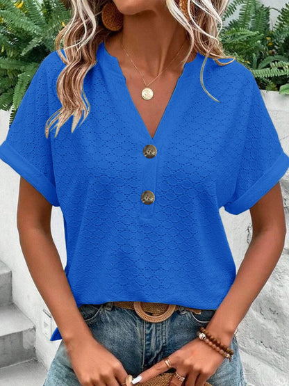 Loose Plus Size Buttoned Jacquard Split-Joint V-Neck T-Shirts Tops