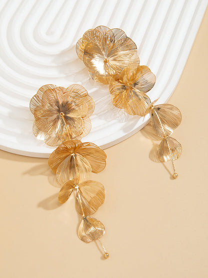 Gold Flower Petal Jewelry Gift Set Long Y Drop Necklace & Dangle Earrings Boho Accessories