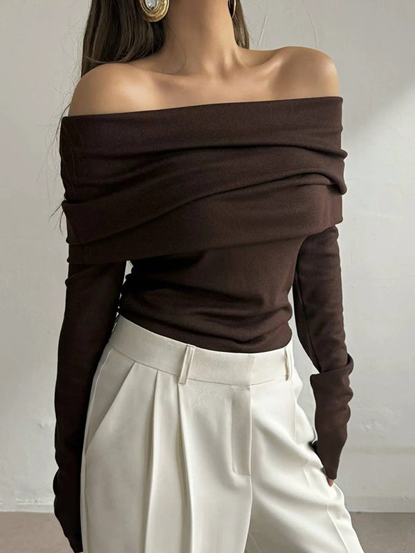 Long Sleeves Loose Solid Color Off-The-Shoulder Pullovers Sweater Tops
