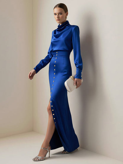 Split-Joint Heaps Collar Long Sleeves Pleated Blouses&Shirts Tops + Elasticated Waist Asymmetric Buttoned  Contrast Color Split-Side Zipper Skirts Bottoms Two Pieces Set