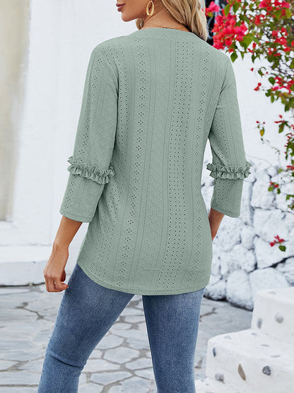 Loose Three-Quarter Sleeves Jacquard Solid Color V-Neck T-Shirts Tops