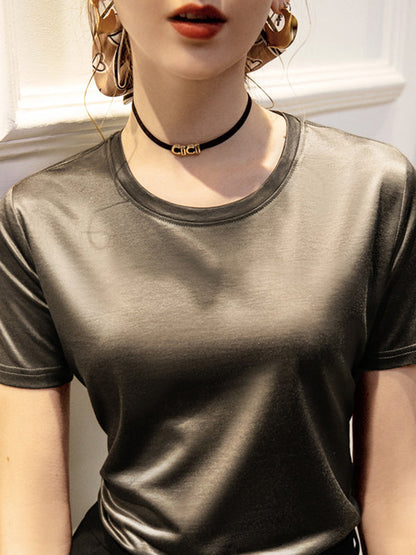 Loose Short Sleeves Shiny Solid Color Round-Neck T-Shirts Tops