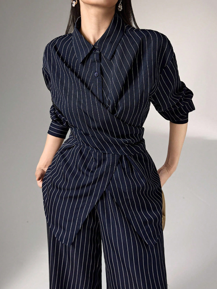 Striped Lapel Irregular Buttoned Wrap Tied Waist Blouse Tops + High Waist Wide Leg Trousers Bottoms Two Pieces Set