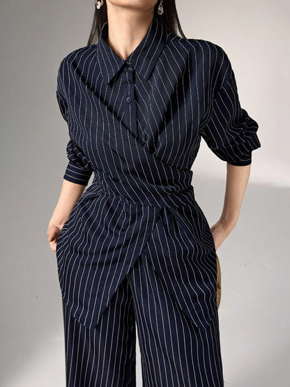 Striped Lapel Irregular Buttoned Wrap Tied Waist Blouse Tops + High Waist Wide Leg Trousers Bottoms Two Pieces Set