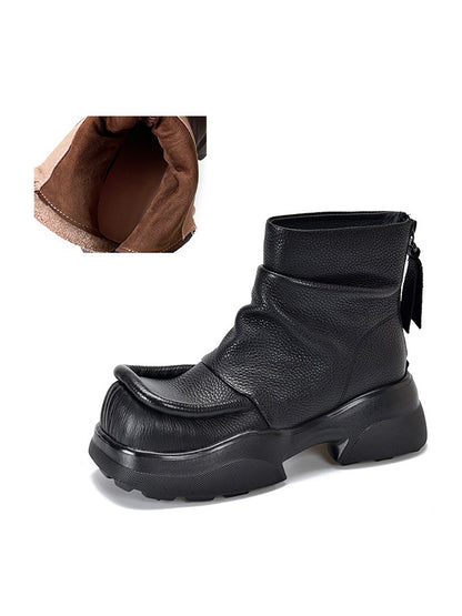 Platform Round-Toe Solid Color Zipper Boots