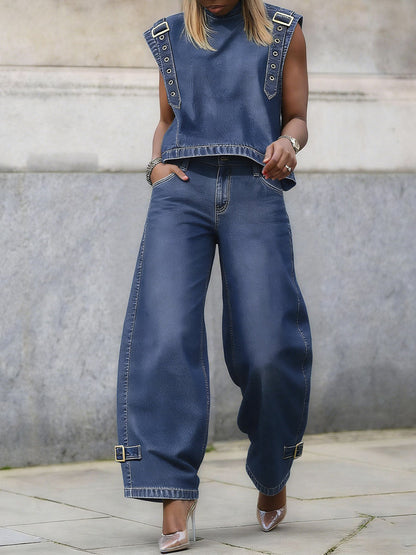 Sleeveless Buckle Buttoned Solid Color Round-Neck Vest Top