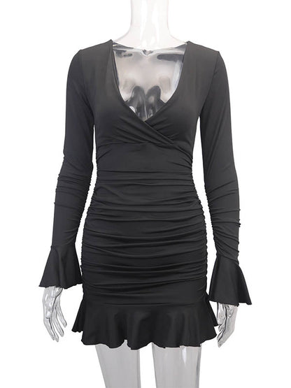 Bodycon Elasticated Waist Pleated Ruffled Solid Color Split-Joint V-Neck Midi Dresses