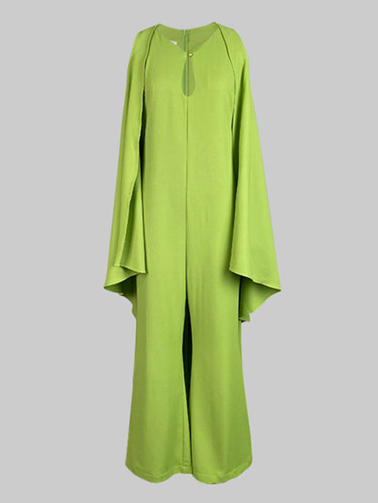 Batwing Sleeves Loose Hollow Solid Color Split-Joint Cold Shoulder Jumpsuits