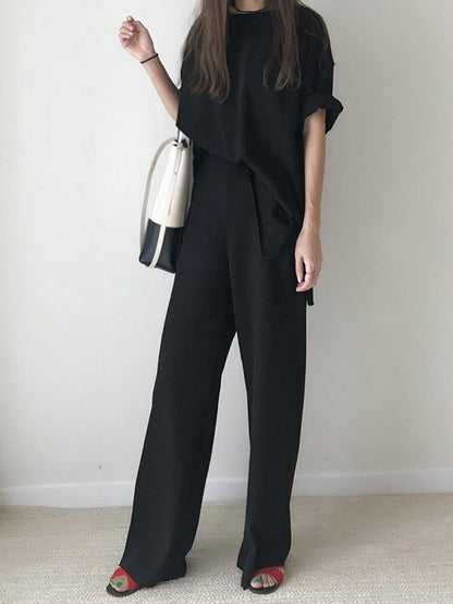 Loose Fringed Solid Color Split-Side Round-Neck T-Shirt+ Pants Two Pieces Set
