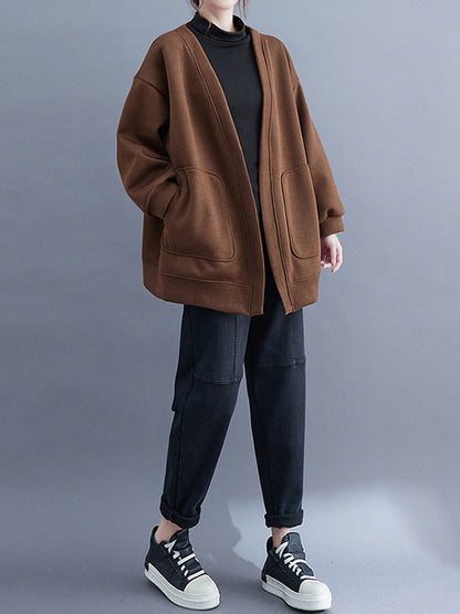 Long Sleeves Loose Pockets Solid Color Collarless Outerwear