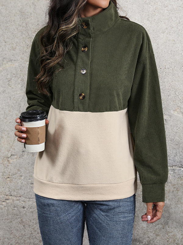 Long Sleeves Loose Buttoned Contrast Color Split-Joint Stand Collar Sweatshirt Tops