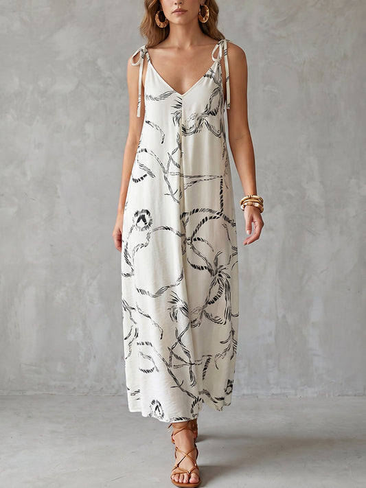 A-Line Loose Backless Contrast Color Drawstring Printed Spaghetti-Neck Midi Dresses