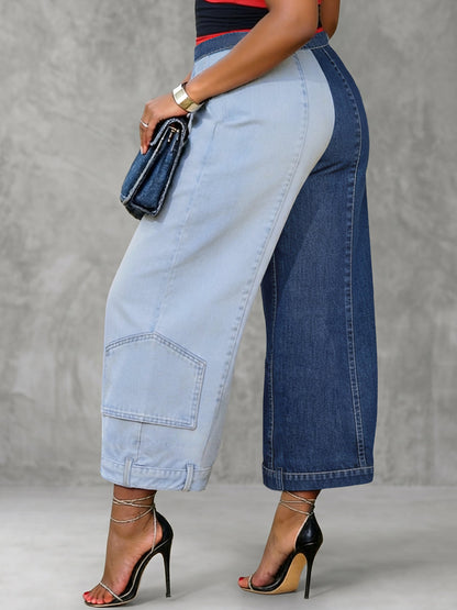 Loose Wide Leg Contrast Color Pockets Jean Pants Bottoms