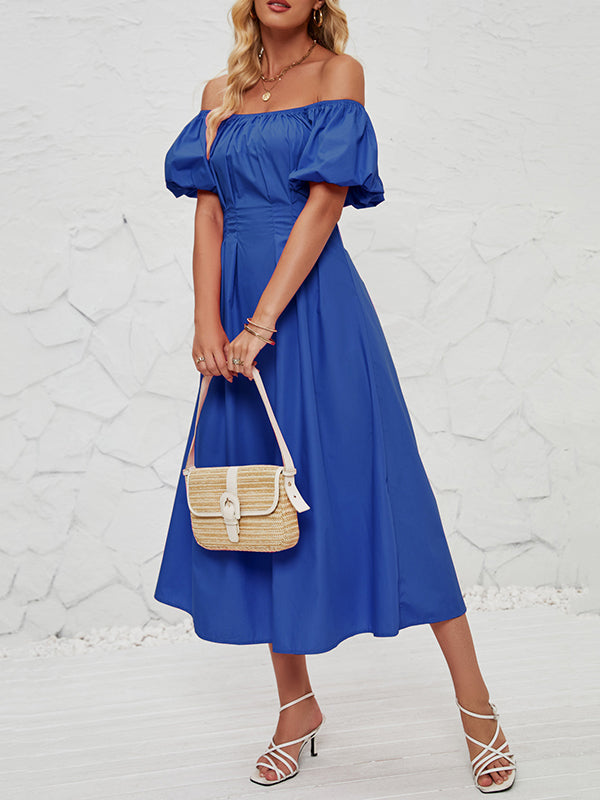 Loose Puff Sleeves Elasticity Pleated Solid Color Split-Joint Off-The-Shoulder Midi Dresses