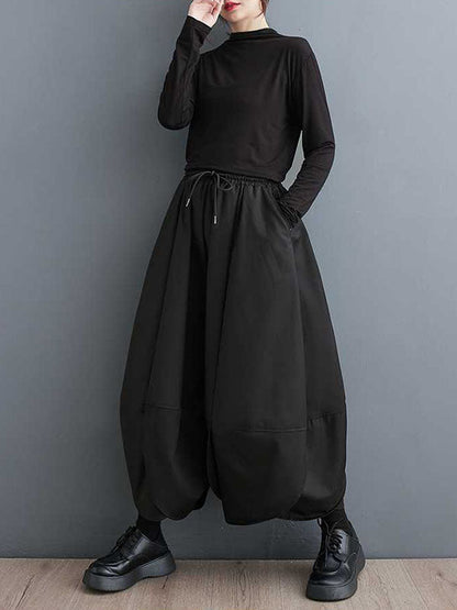 High Waisted Loose Drawstring Pleated Solid Color Pants Trousers
