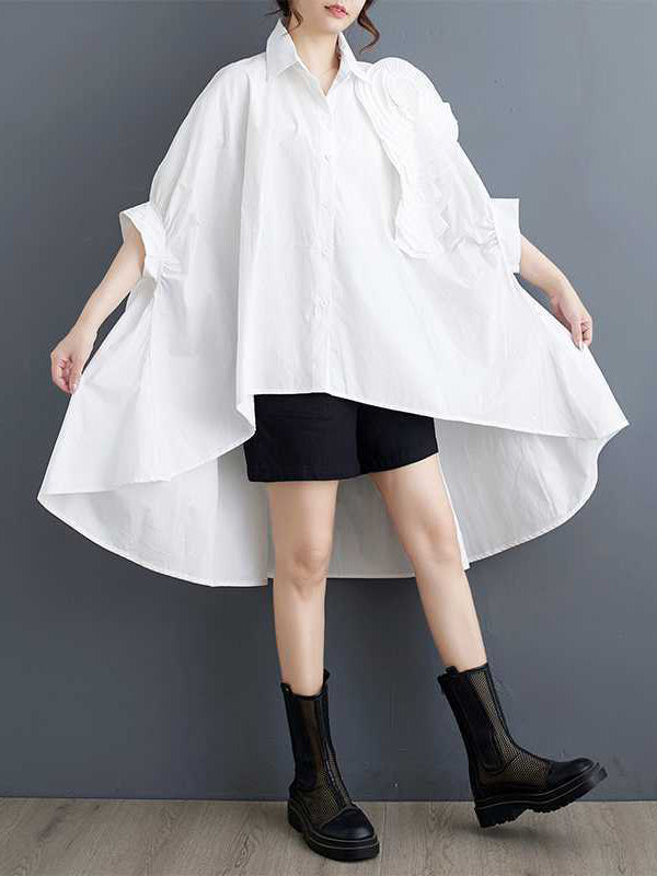 Batwing Sleeves Half Sleeves Asymmetric Buttoned Pleated Solid Color Three-Dimensional Flower Lapel Blouses&Shirts Tops