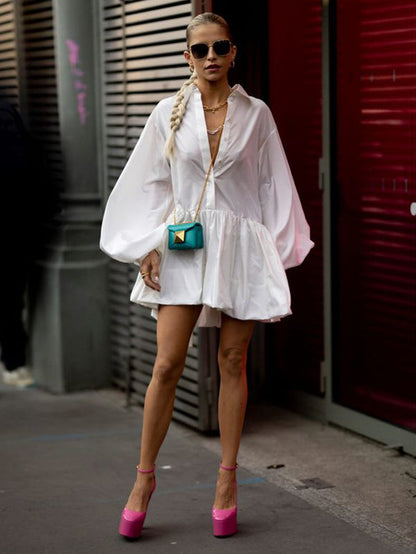 Puff Sleeves Buttoned Solid Color Split-Joint Lapel Mini Dresses Shirt Dress